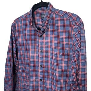 J. Crew Button up Long Sleeve Plaid Heathered Cotton Shirt Blue Orange Sz Medium